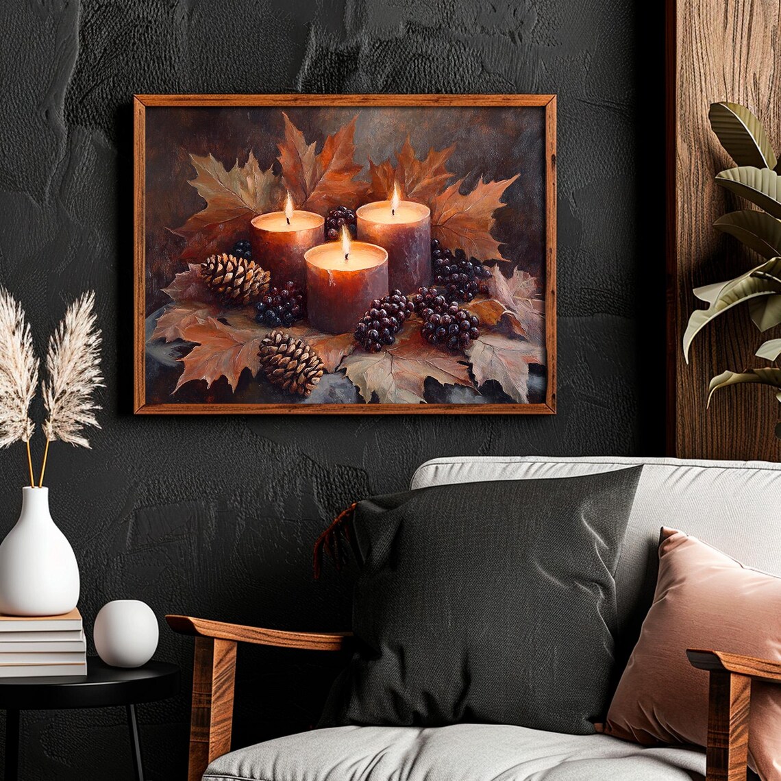 Three Glowing Candles With Autumn Leaves Pinecones Rustic Cozy Fall Poster - Image 4