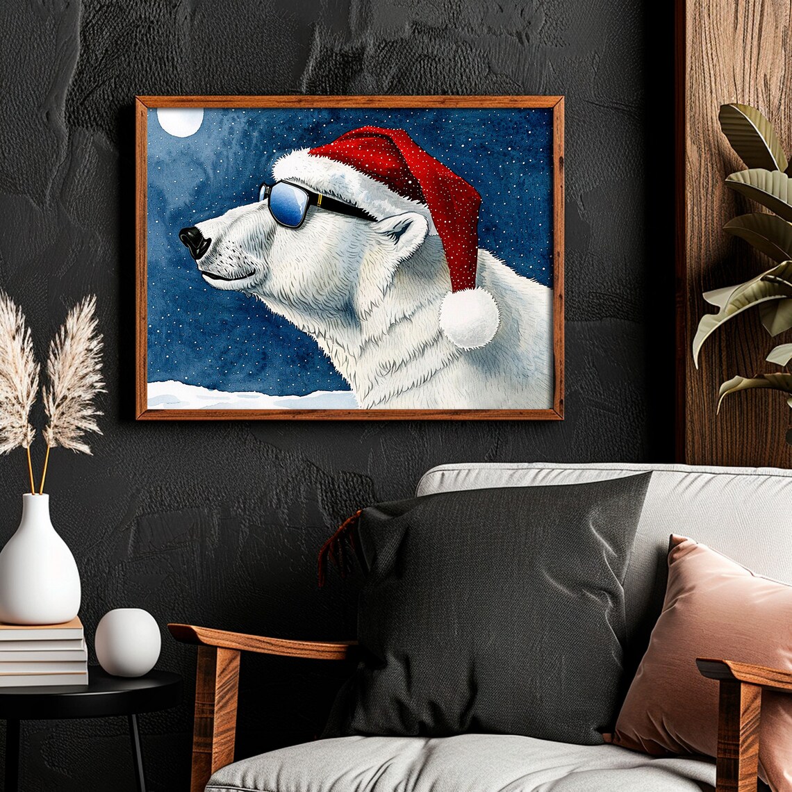 Polar Bear Santa Hat Sunglasses Snowy Night Whimsical Animal Poster - Image 2