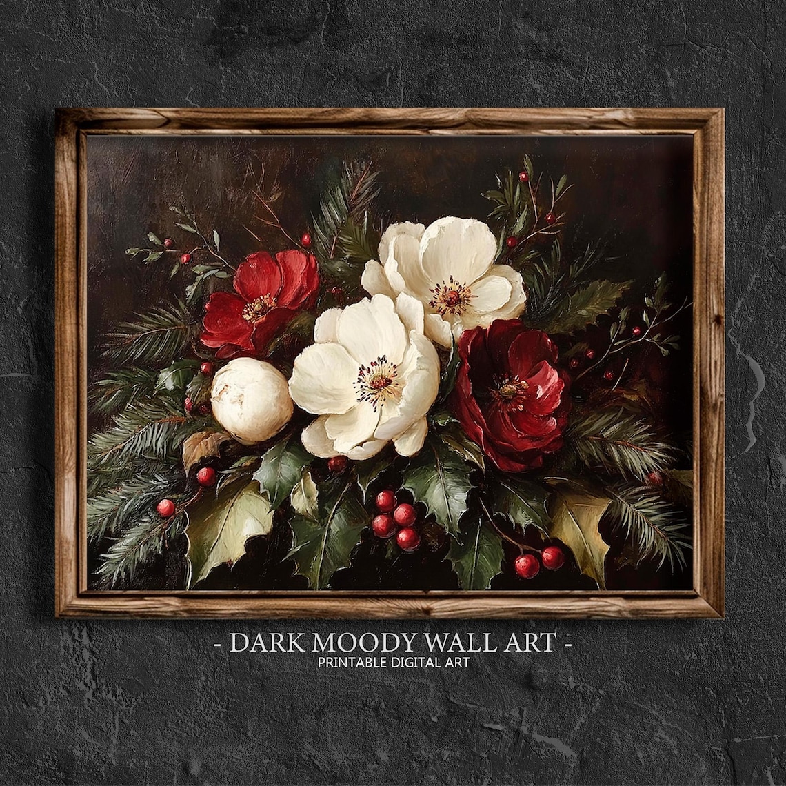 Vintage Christmas Print, Antique Flowers Decor
