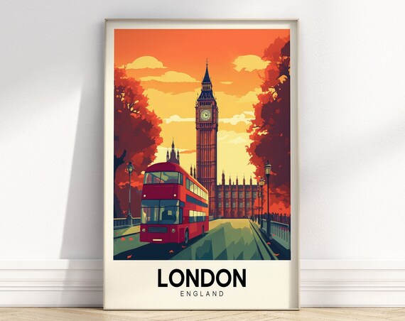 London England Retro Sunset Big Ben Red Bus Westminster Travel Poster