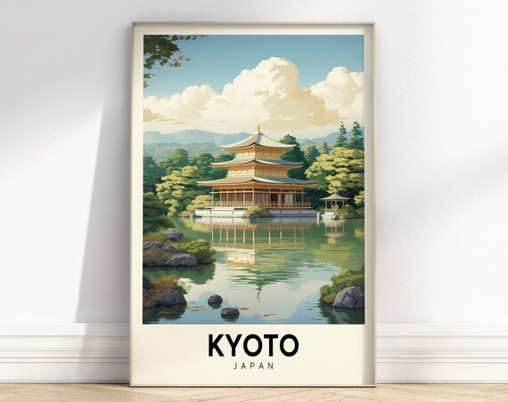Kyoto Japan Golden Pavilion Pond Retro Colorful Travel Poster