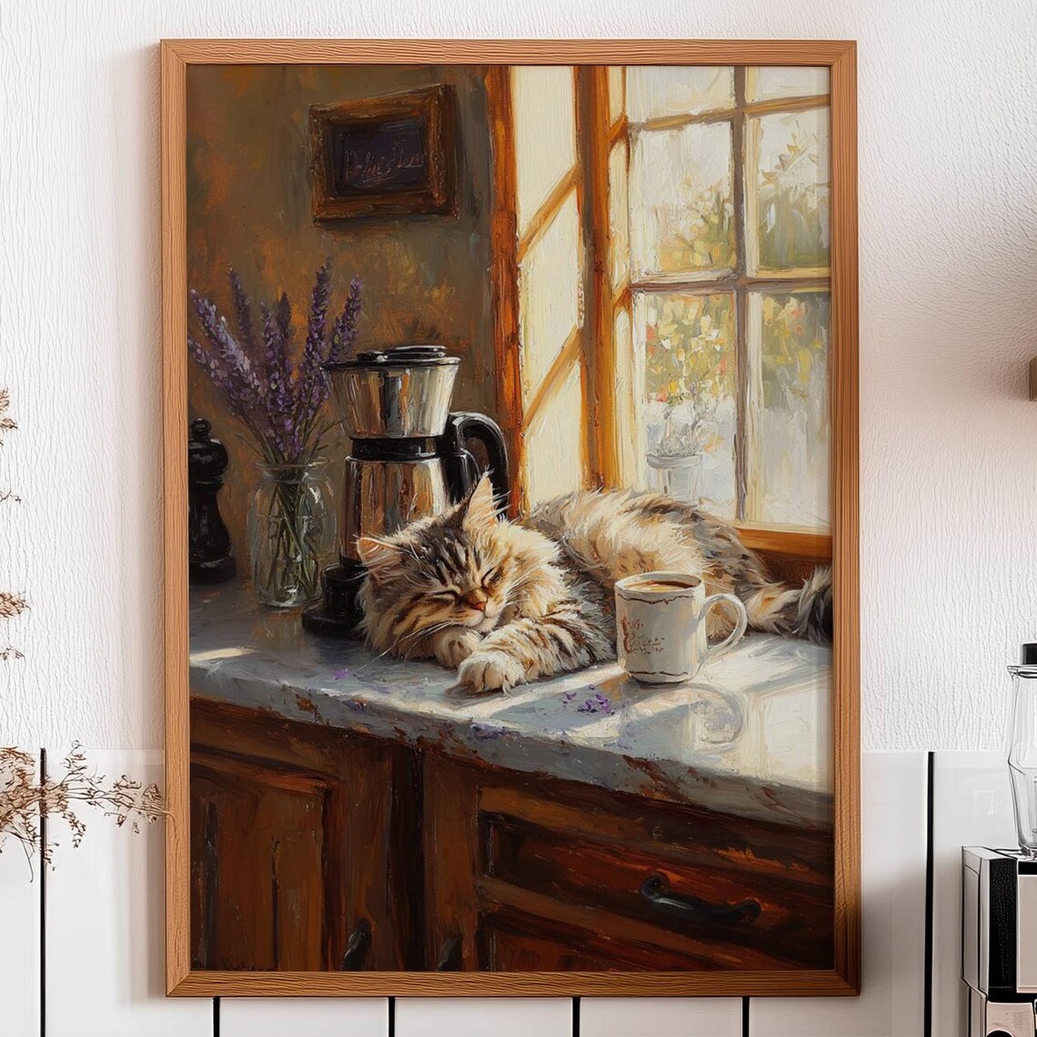 Tabby Cat Coffee Bar Kitchen Decor Poster Print