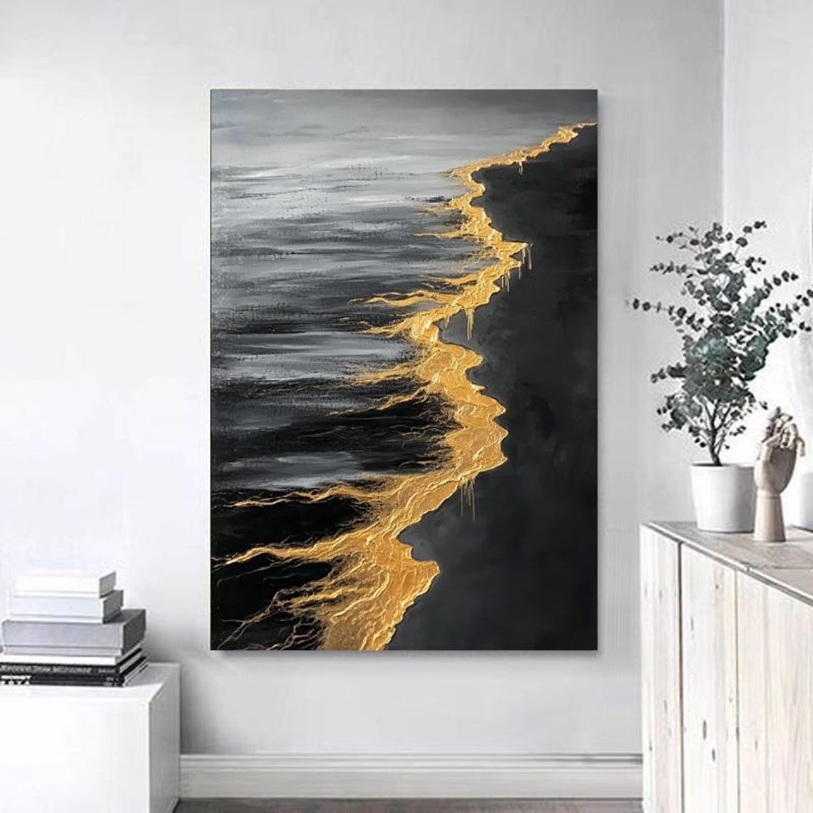 Black Sand Beach With a Golden Foil Shoreline Abstract Wall Art - Image 5