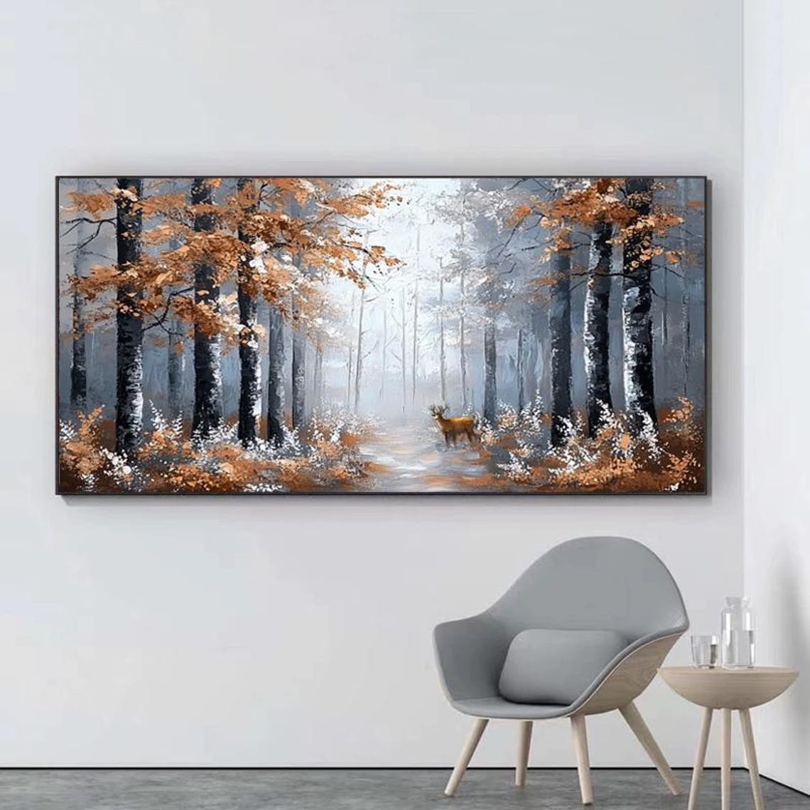 Rustic Autumn Birch Forest with Deer Misty Woodland Scene Poster