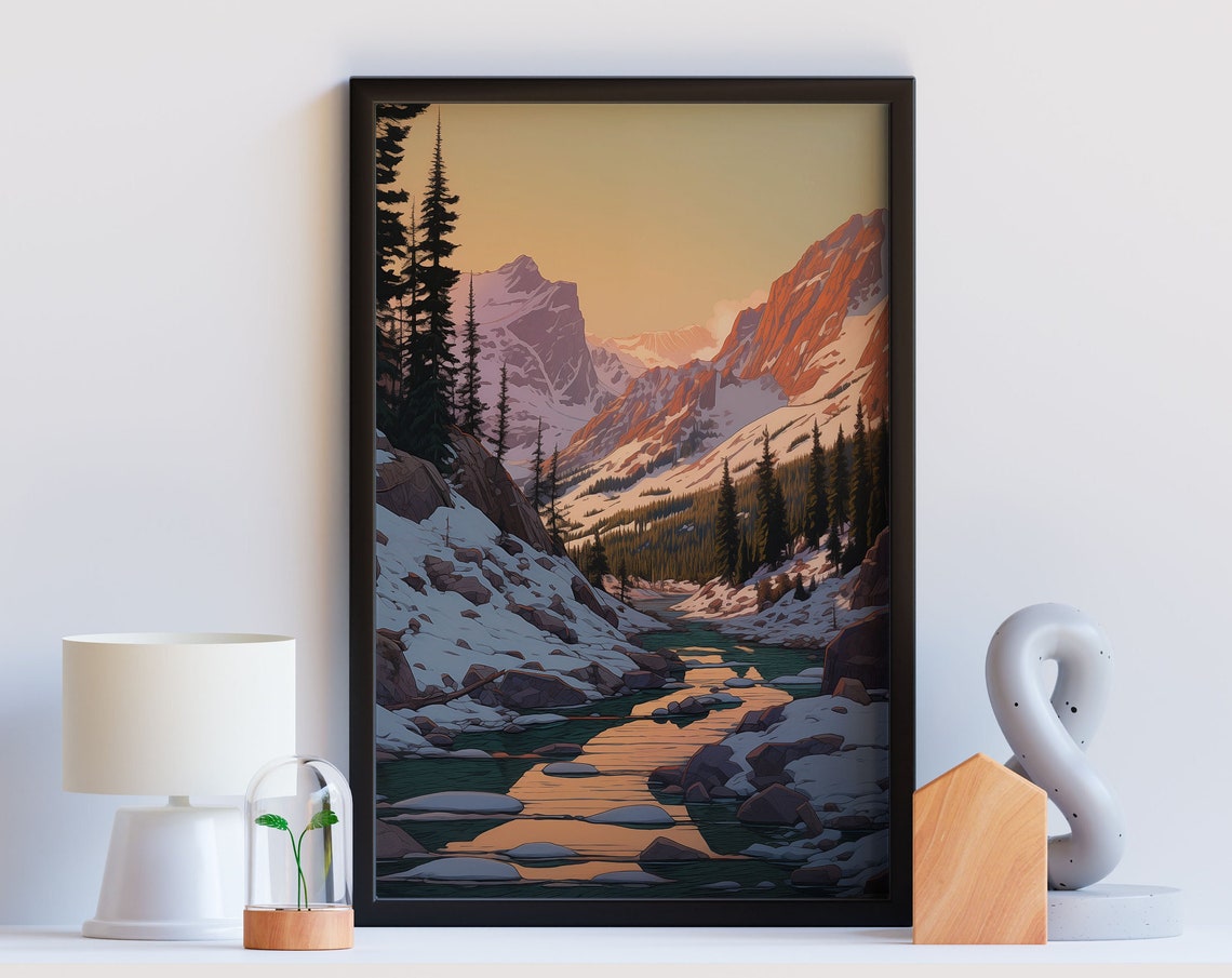 Retro Mountain River Sunset Golden Reflection Snowy Valley Wall Art - Image 3