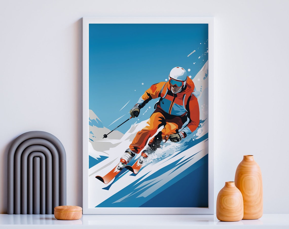 Modern Freeride Skier Bold Blue Mountain Slope Skiing Action Poster