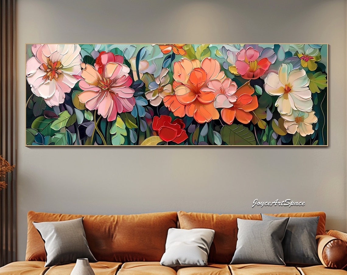 Pink Orange Panoramic Blossom Garden Textured 3D Floral Art Poster