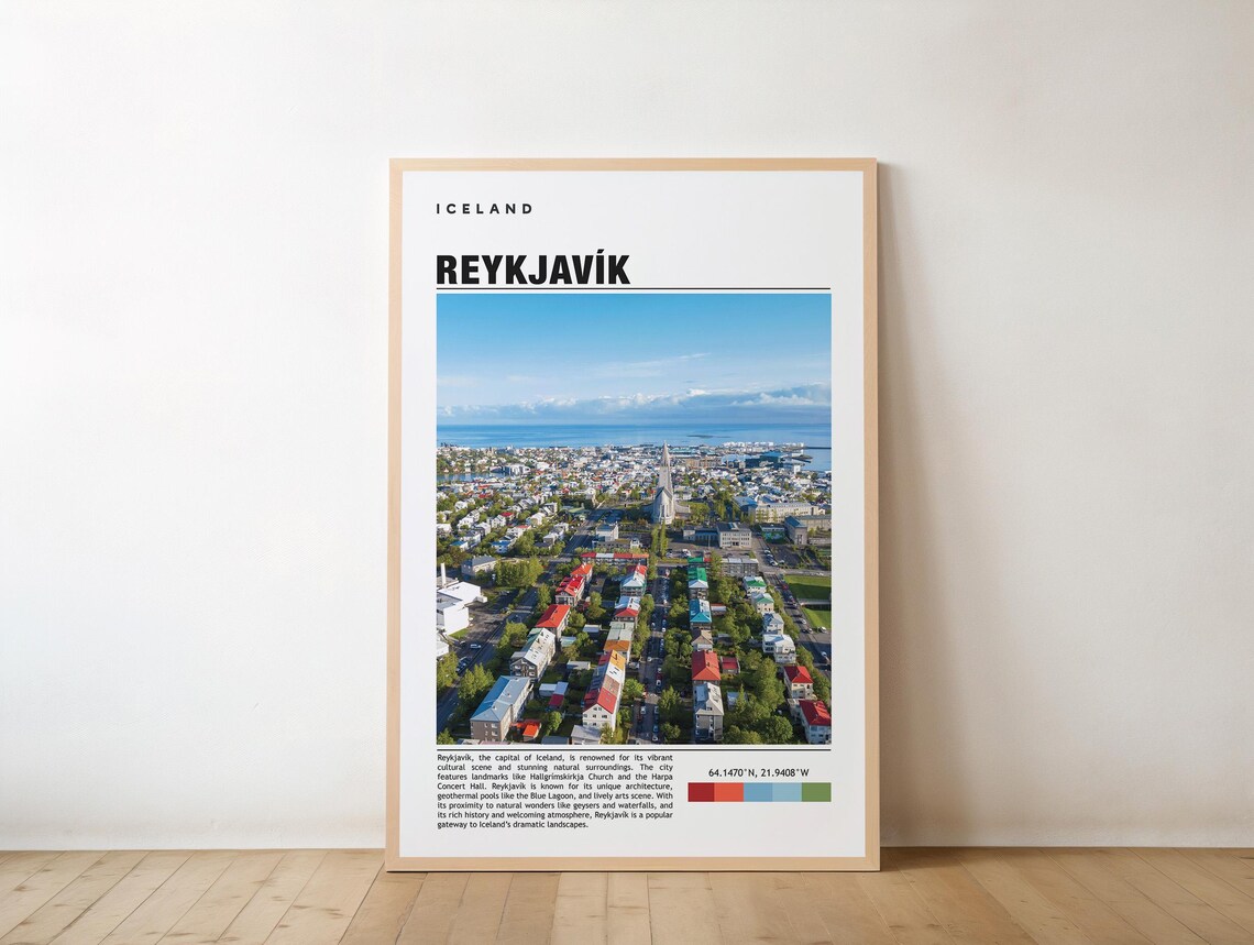 Reykjavik Iceland Travel Poster Aerial City View With Hallgrimskirkja