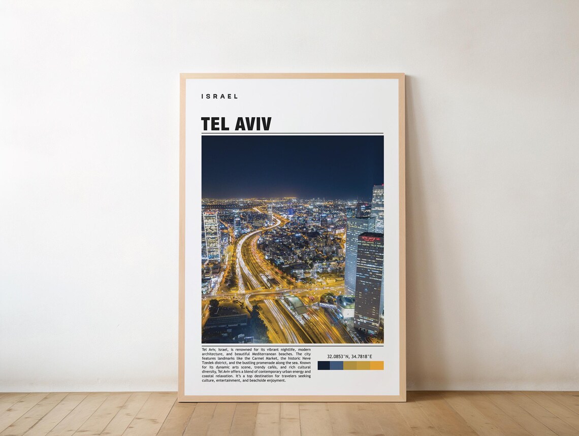 Tel Aviv Israel Night Skyline Aerial City Lights Photo Poster