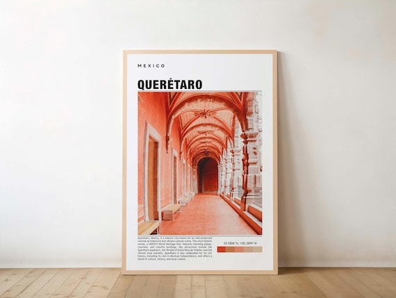 Queretaro Mexico Travel Poster with Red Colonial Arched Corridor View