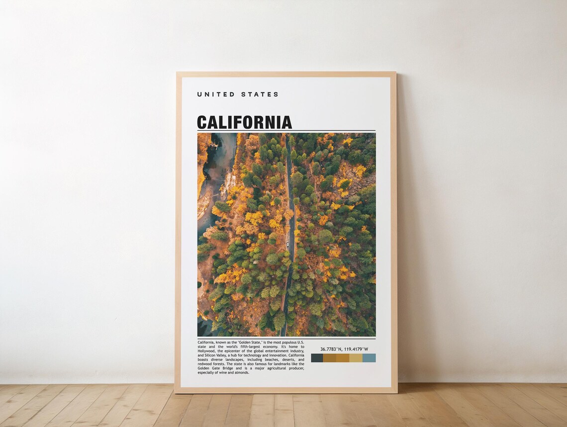 California Golden State Autumn Forest Aerial Photo Travel Poster