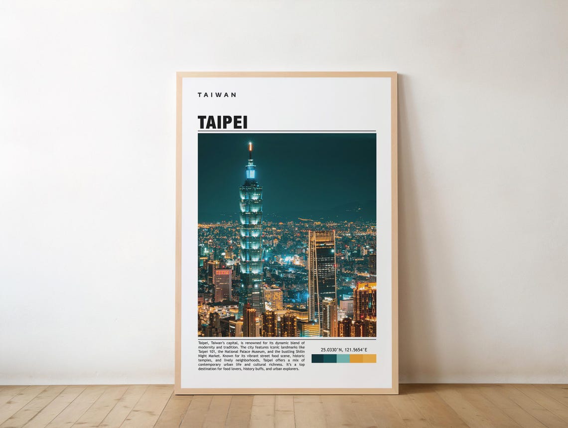 Taipei Taiwan Night Skyline Taipei 101 Editorial Travel Poster
