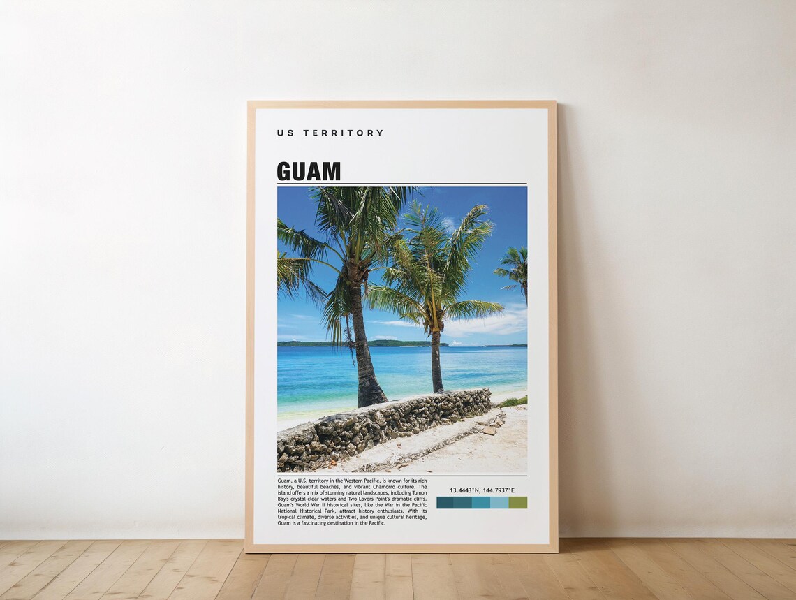 Guam US Territory Palm Tree Beach Turquoise Ocean Travel Poster