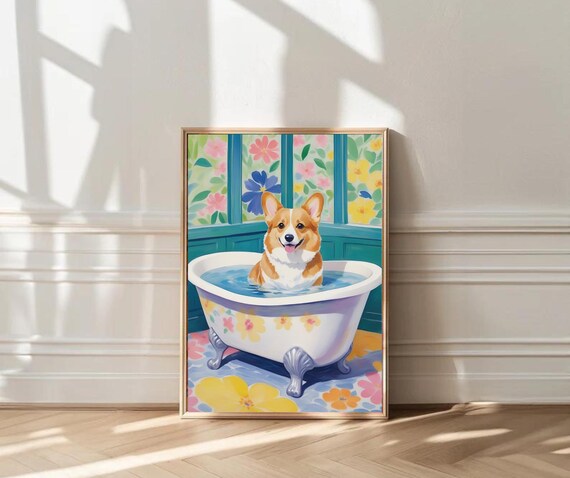 Corgi In Bathtub Art Print Botanical Bathroom Decor