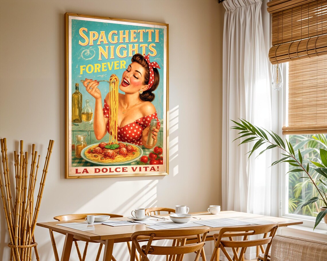 Retro Pasta Art Print, 50s Kitchen Italian Food