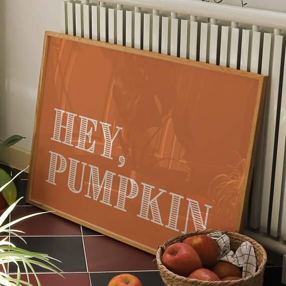 Hey Pumpkin Cream Lettering Burnt Orange Fall Halloween Sign Wall Art