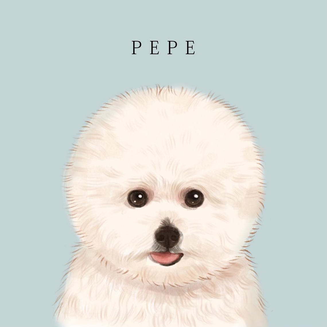 Pepe the Fluffy White Dog Cute Puppy Portrait Blue Background Wall Art