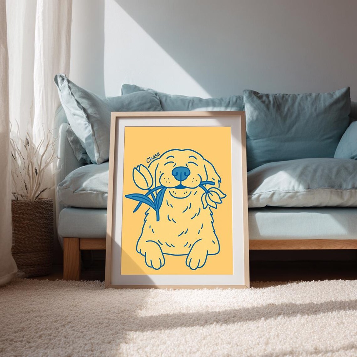 Chase the Golden Retriever Cartoon Holding Tulip Yellow Blue Wall Art