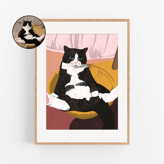 Tuxedo Cat Custom Pet Portrait Lounging in Chair Black White Wall Art