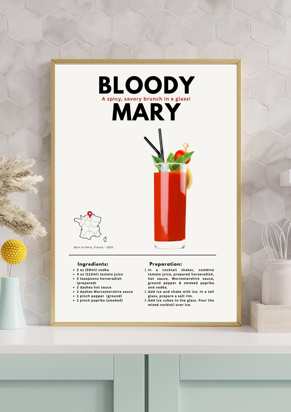 Bloody Mary Cocktail Recipe Born In Paris 1920 Kitchen Bar Decor Poster