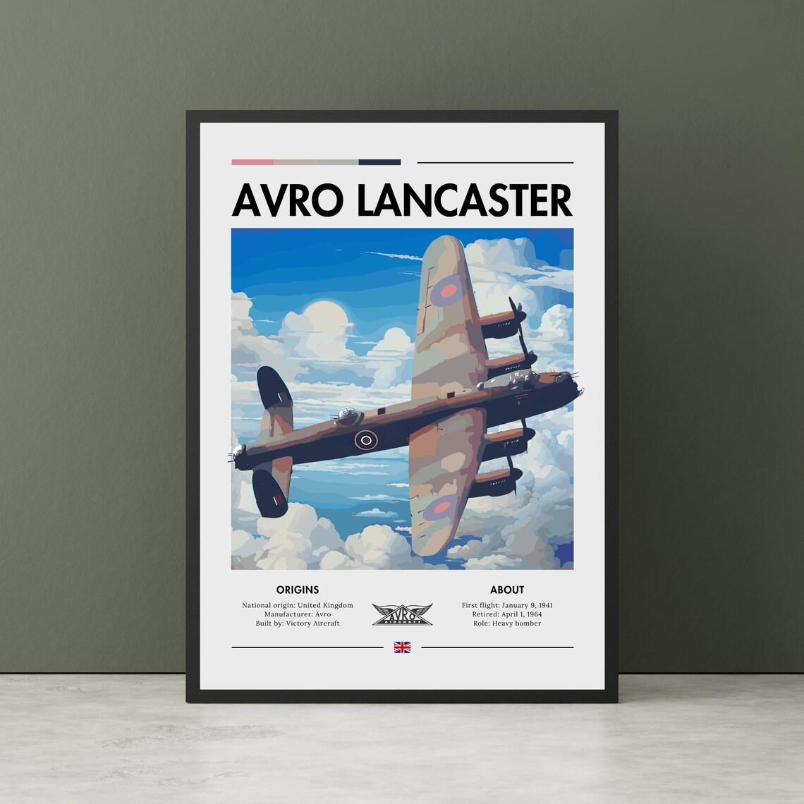 Vintage Avro Lancaster Bomber Art Print, WWII Aviation