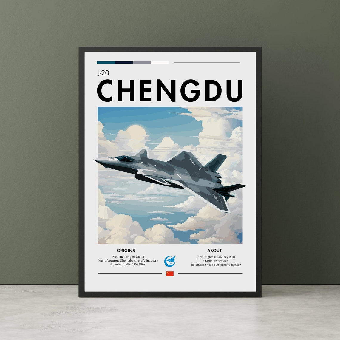 Chengdu J-20 Stealth Fighter Jet Profile Aviation Wall Poster