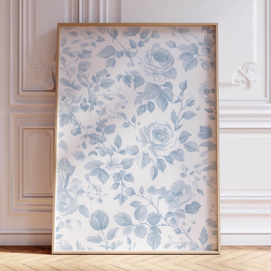 Blue Chinoiserie Rose Floral Pattern Vintage Botanical Art Print