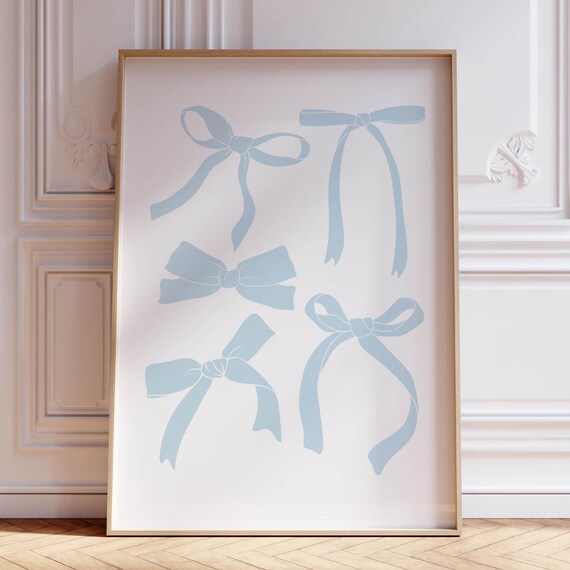 Light Blue Ribbon Bows Set of Five Minimal Coquette Wall Art