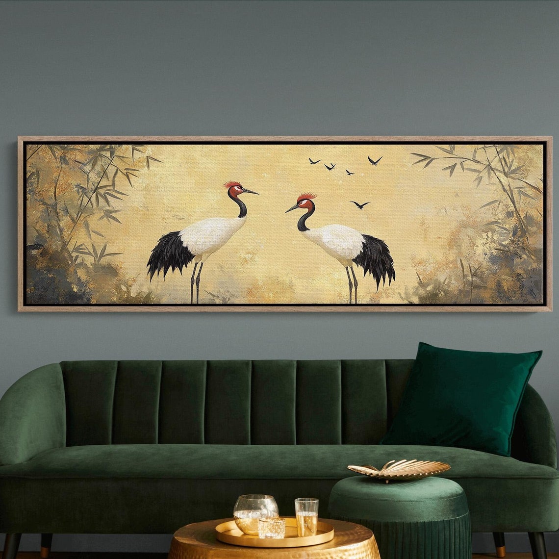 Red Crowned Cranes Facing Each Other Golden Japanese Bamboo Art Poster