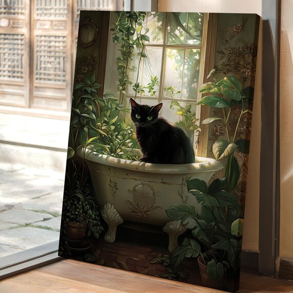 Black Cat With Green Eyes In Vintage Bathtub Among Lush Houseplants Poster