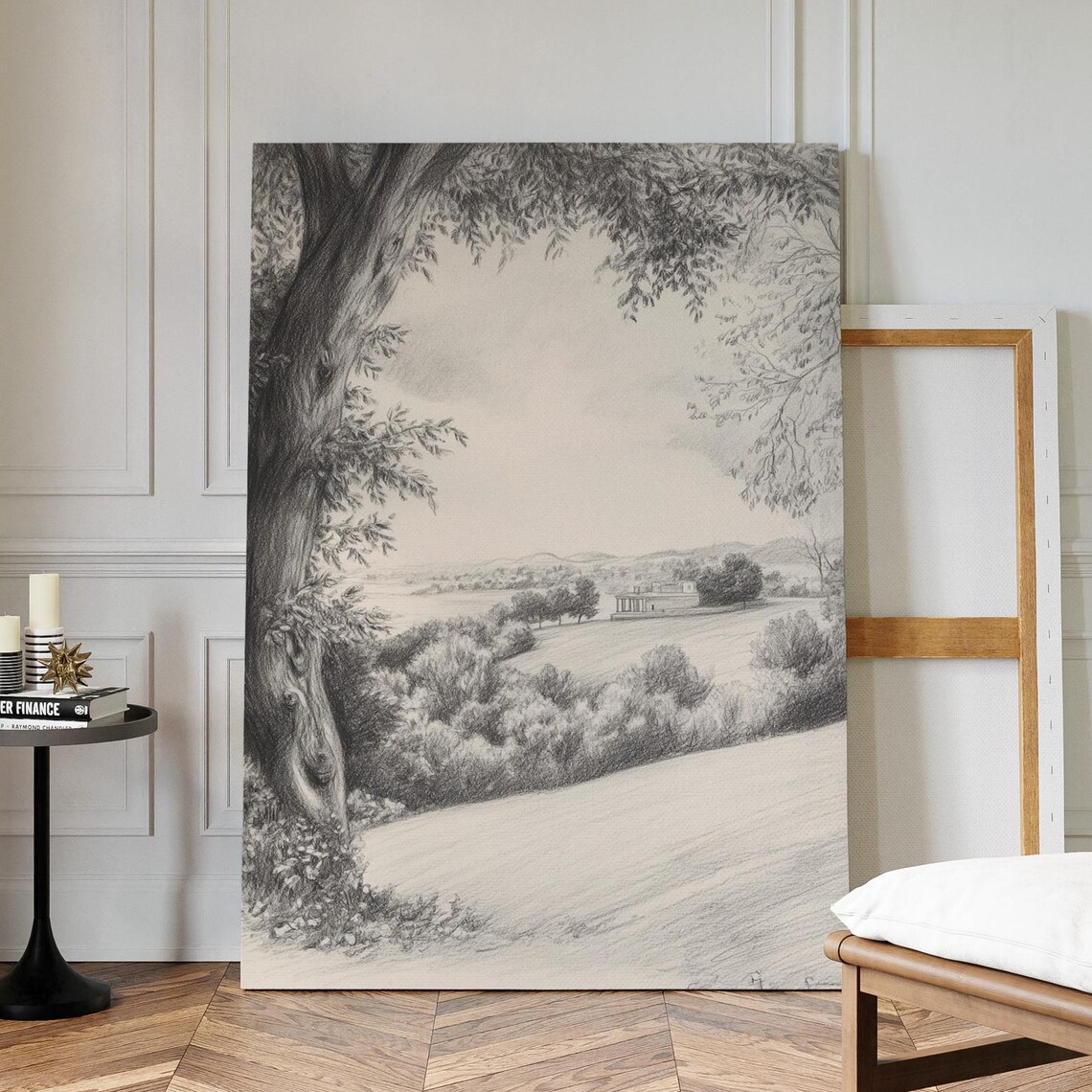 Classical Landscape Pencil Drawing With Distant Temple On Hill Poster