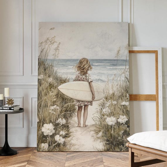 Beach Girl With Surfboard Canvas Wall Art Coastal Nursery Decor Floral Dress Seaside Print Ocean Summer Poster For Kids Room