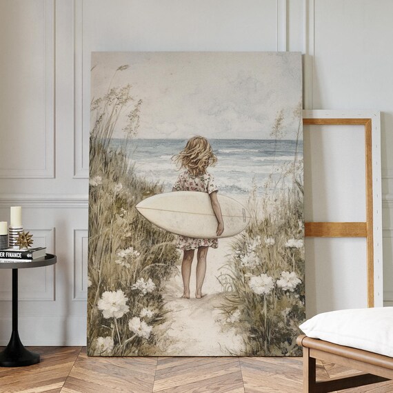 Girl with Surfboard Beach Dunes Ocean Path Watercolor Surf Poster