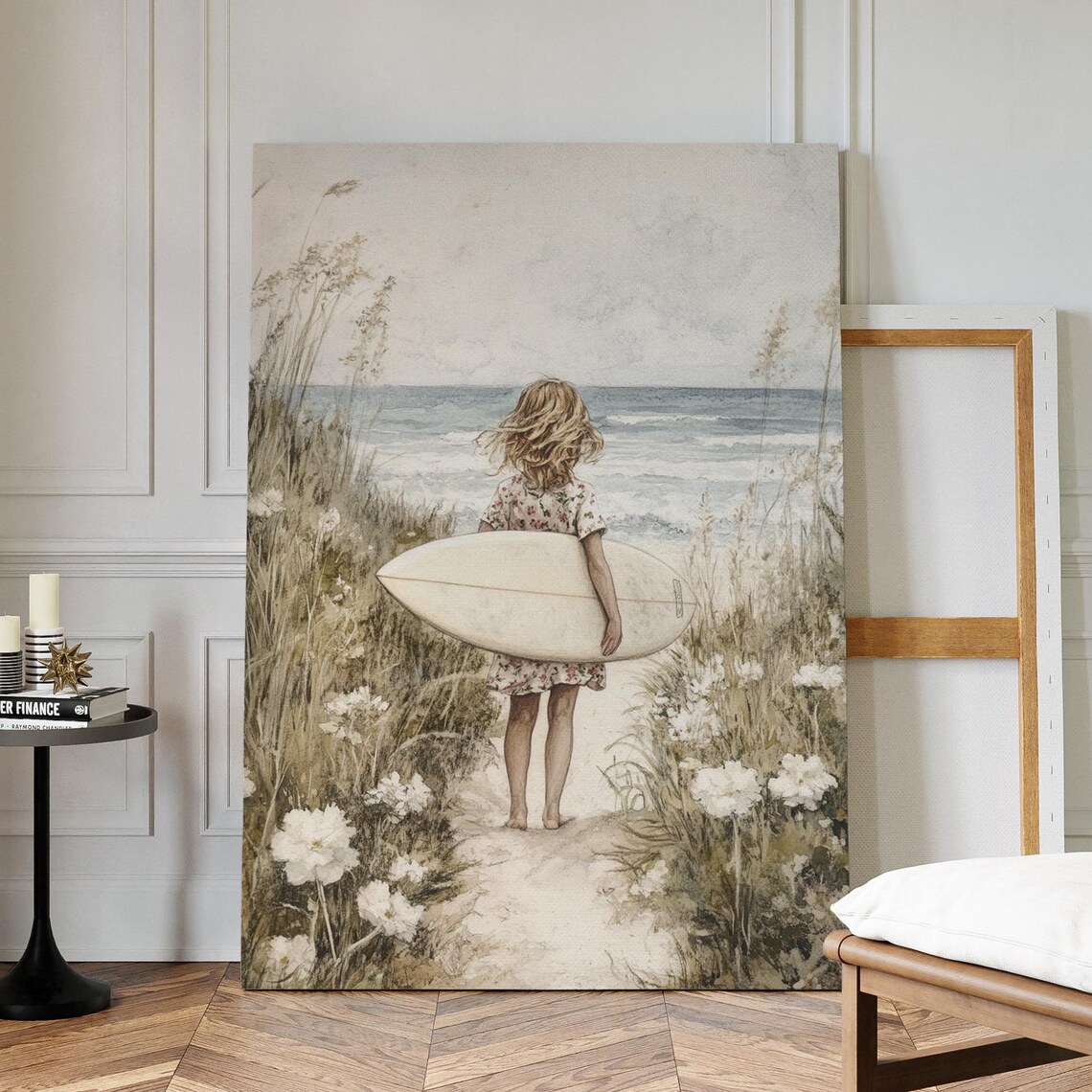 Girl with Surfboard Beach Dunes Ocean Path Watercolor Surf Poster