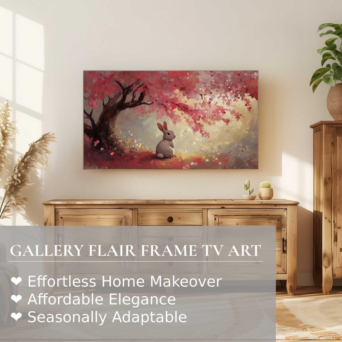 Bunny Under Red Blossoming Tree Impressionist Spring Wall Art - Image 2