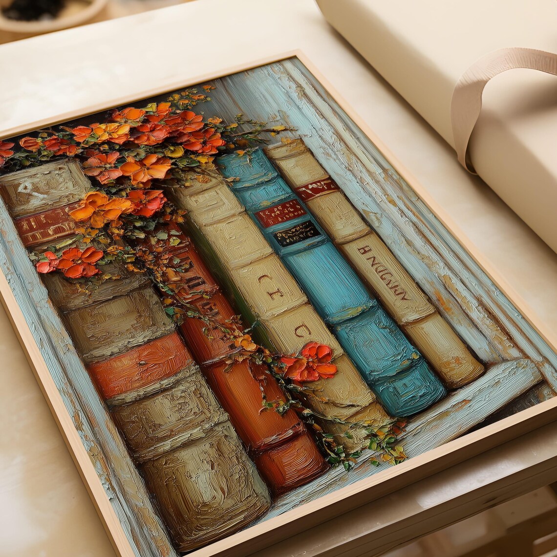 Vintage Books With Orange Flowers Impasto Oil Painting Poster - Image 6
