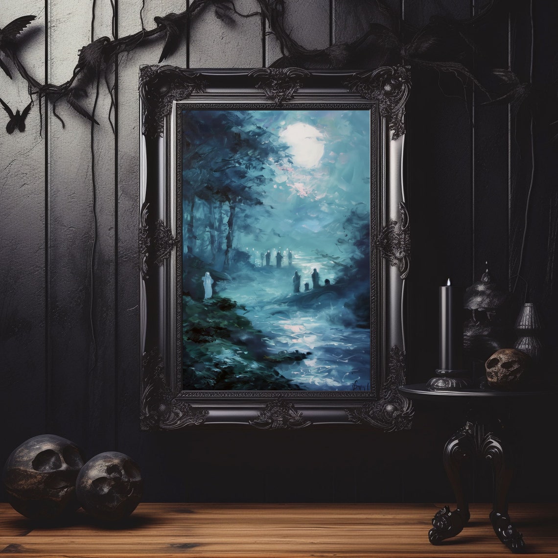 Moonlit Forest With Ghostly Figures Spooky Teal Gothic Art Poster - Image 2