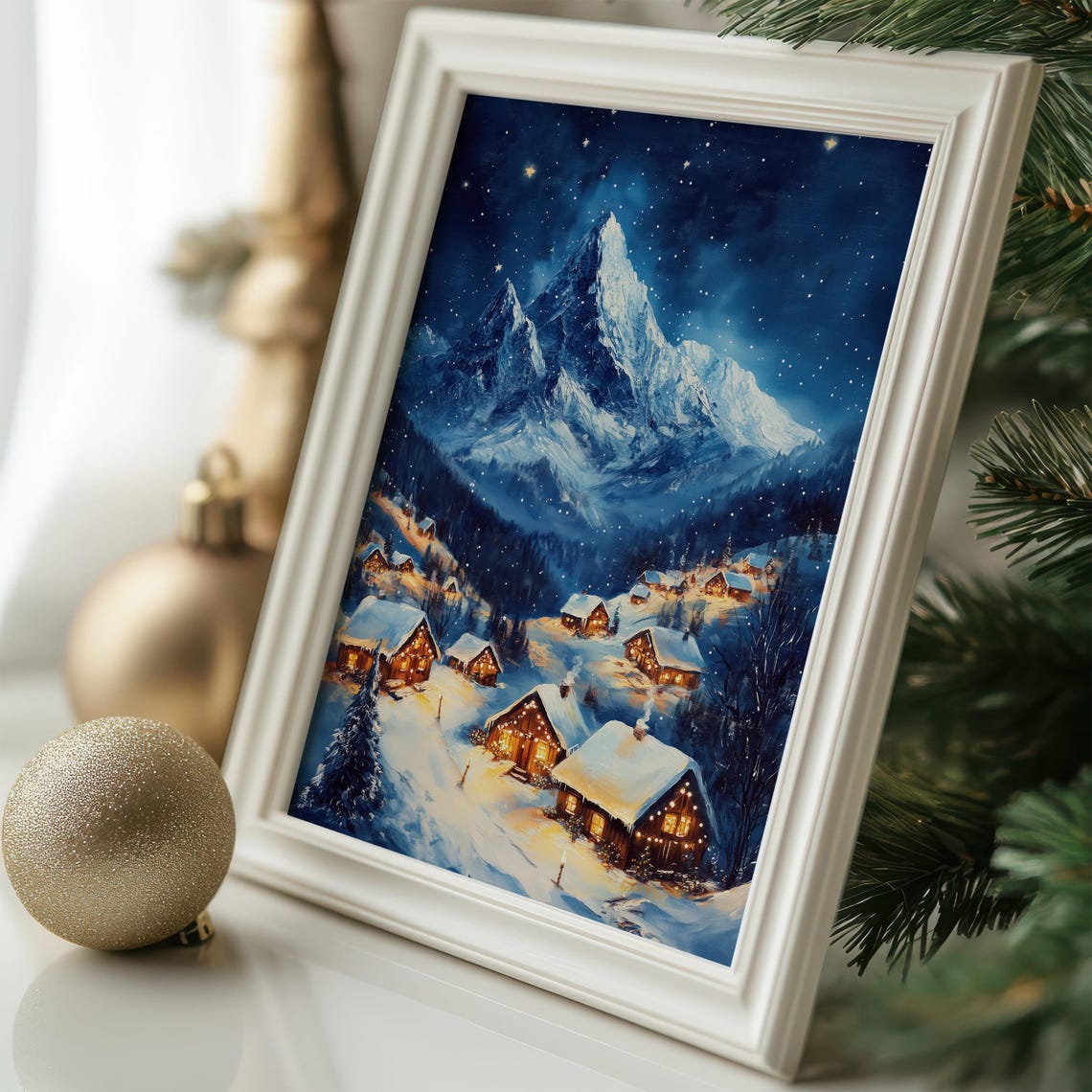 Starry Night Snowy Village Beneath Towering Mountain Peaks Poster - Image 3