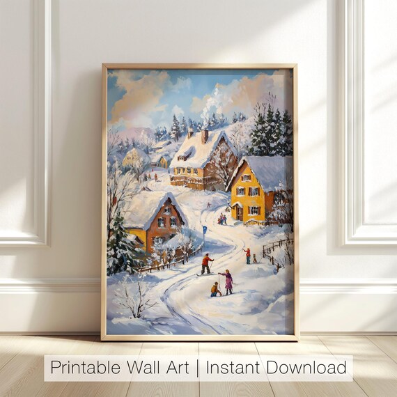 Snowy Village Cottages Winter Sledding Scene Oil Painting Poster