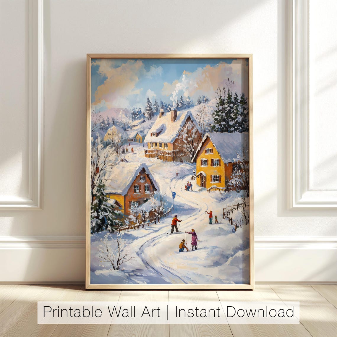 Snowy Village Cottages Winter Sledding Scene Oil Painting Poster