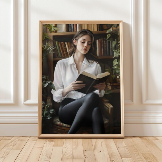 Woman Reading Book in Cozy Library Book Lover Portrait Poster