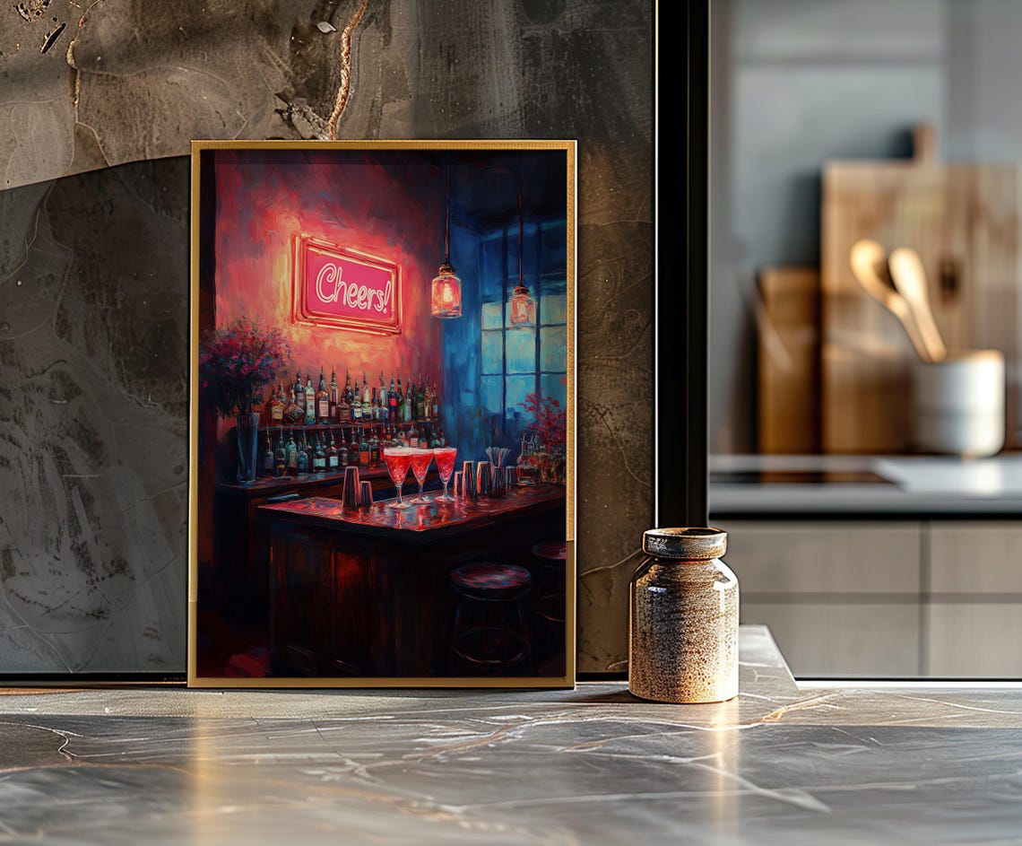 Cheers Neon Sign Over a Retro Cocktail Bar Night Scene Poster - Image 3