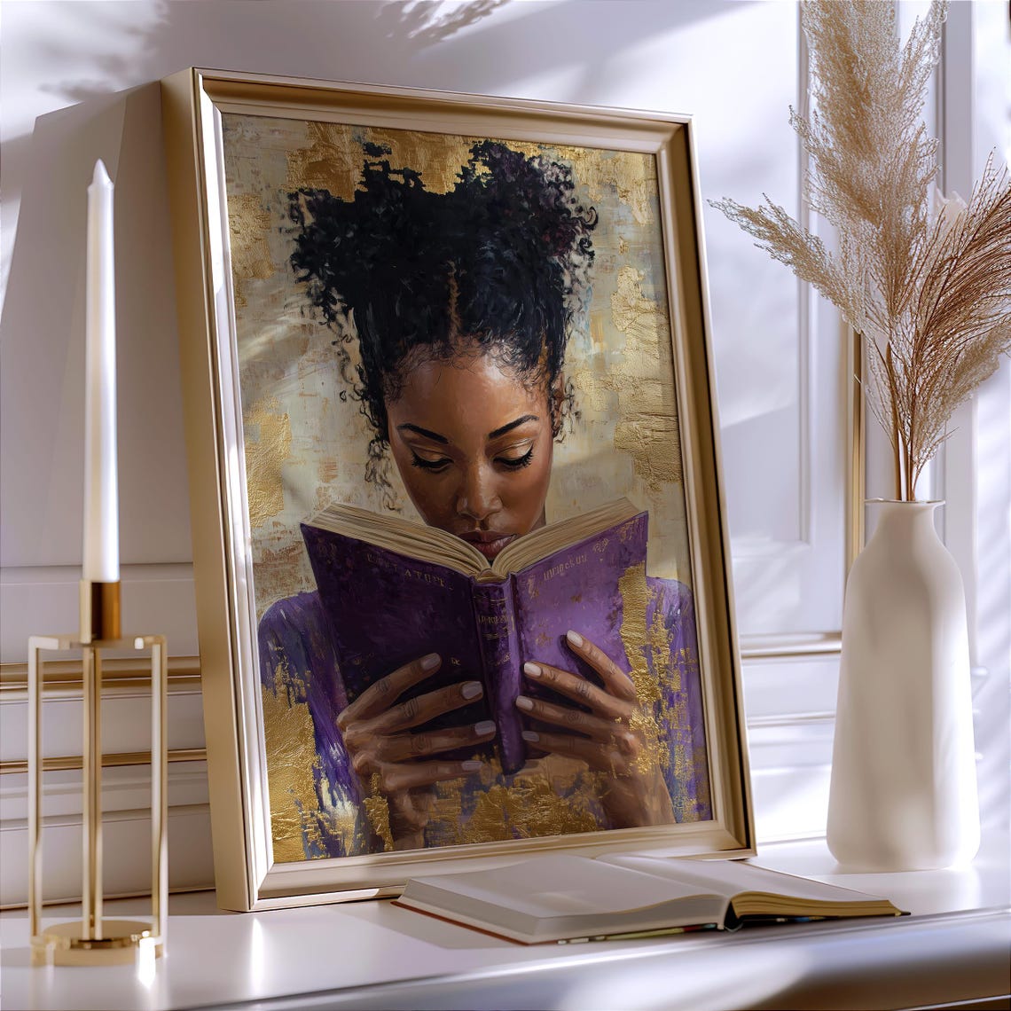 African American Woman Reading Purple Book Gold Leaf Art Poster - Image 5