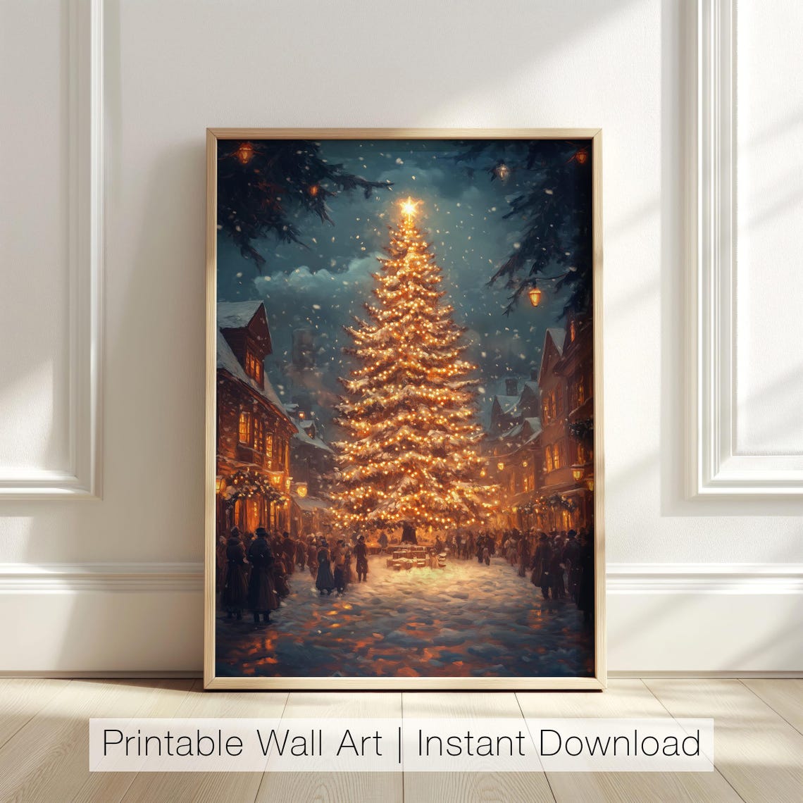 Giant Glowing Christmas Tree In Snowy Village Night Scene Poster
