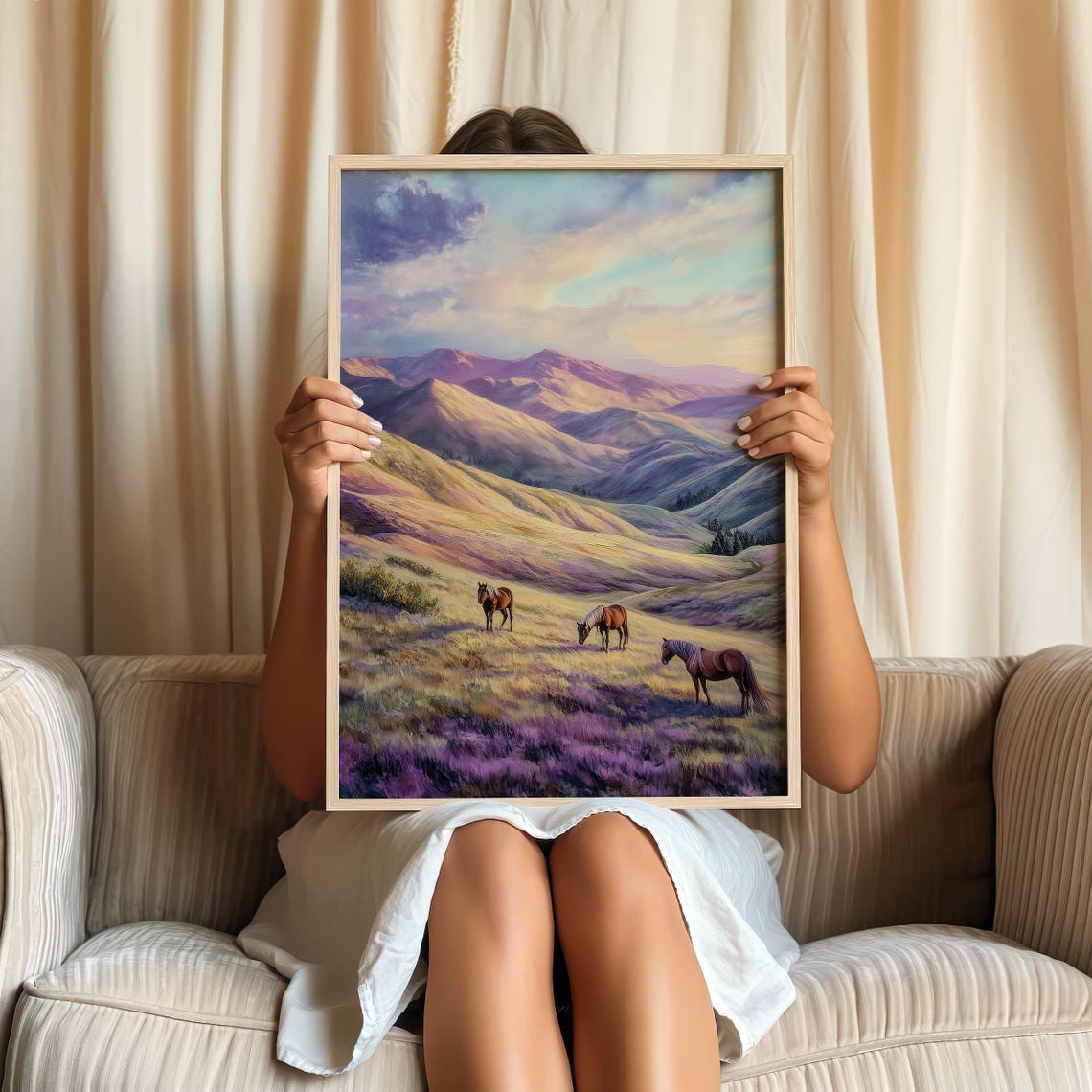 Wild Horses Grazing In Purple Mountain Meadow At Sunset Poster - Image 4