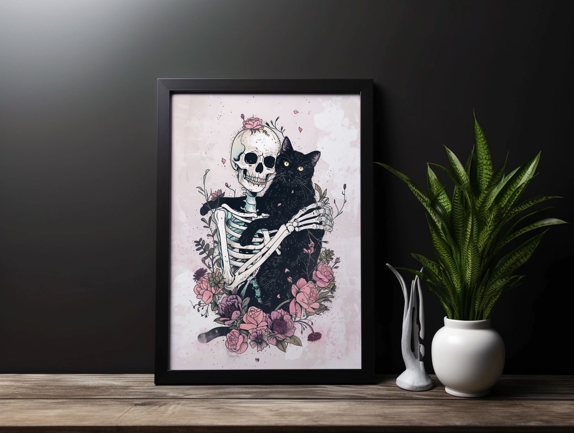 Gothic Skeleton Hugging Black Cat Dark Floral Illustration Print - Image 4