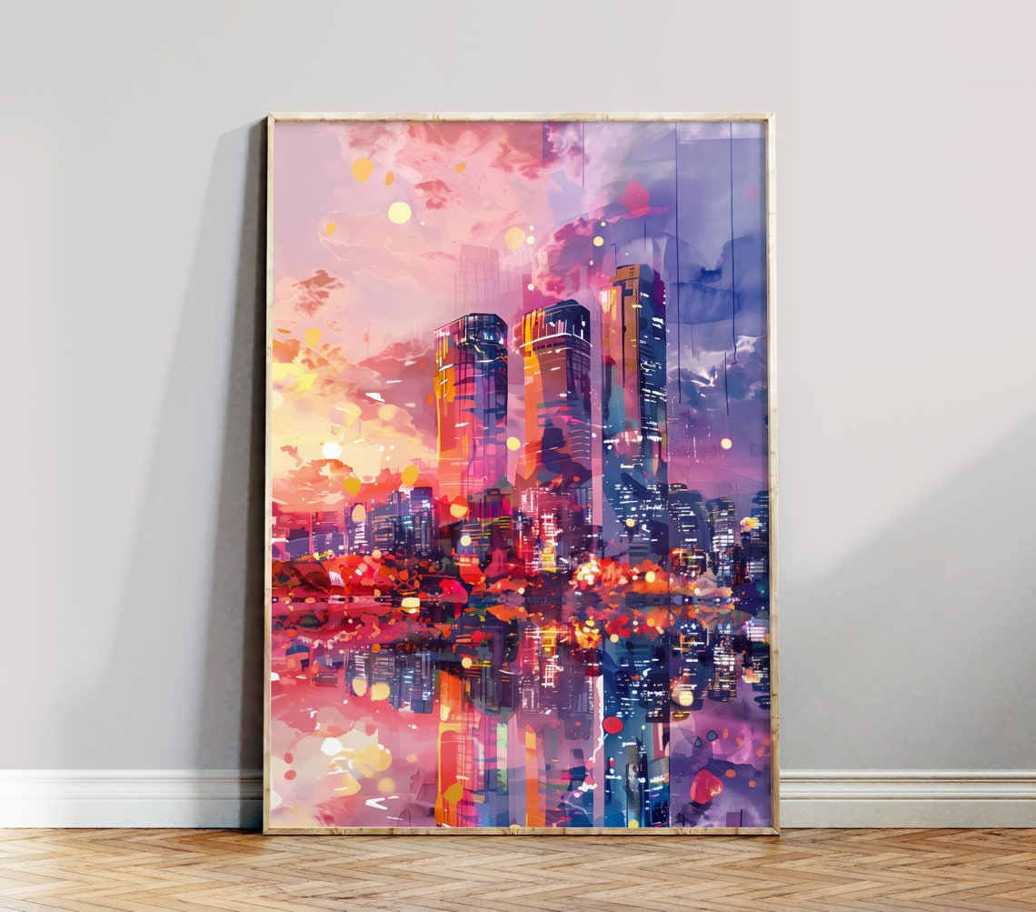Modern Cityscape Sunset Neon Watercolor Urban Skyline Decor Wall Art