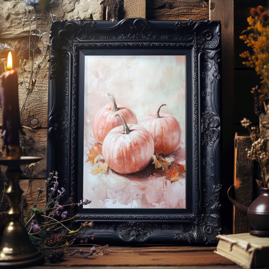 Pink Pumpkins Autumn Leaves Soft Fall Still Life Painting Wall Art - Image 6
