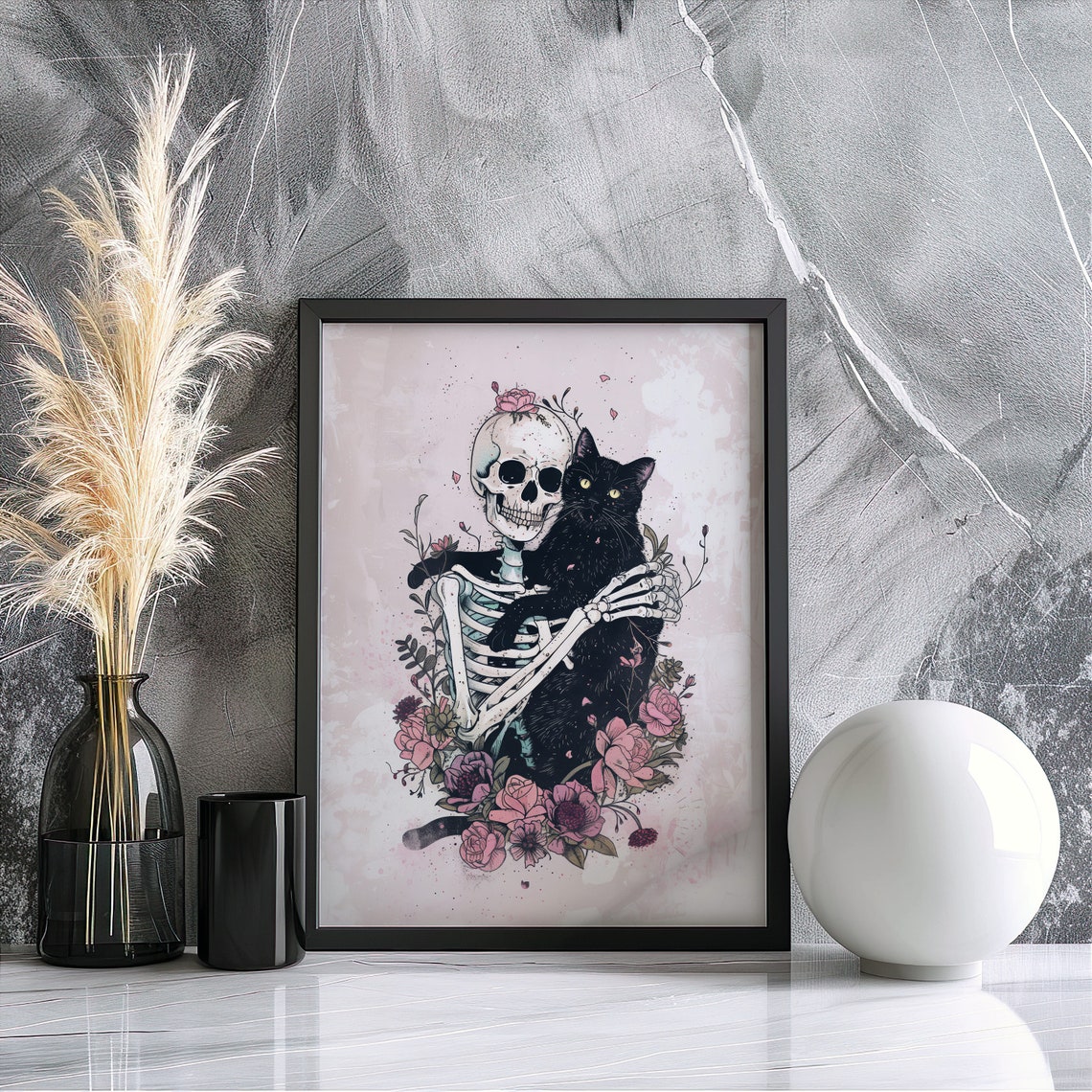 Gothic Skeleton Hugging Black Cat Dark Floral Illustration Print - Image 6