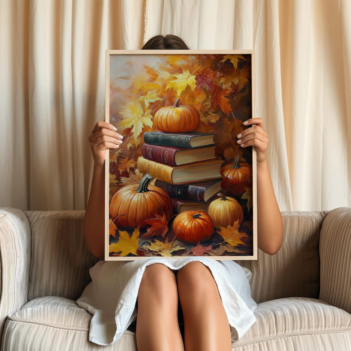 Pumpkin and Book Stack Autumn Harvest Still Life Fall Decor Art Poster - Image 2